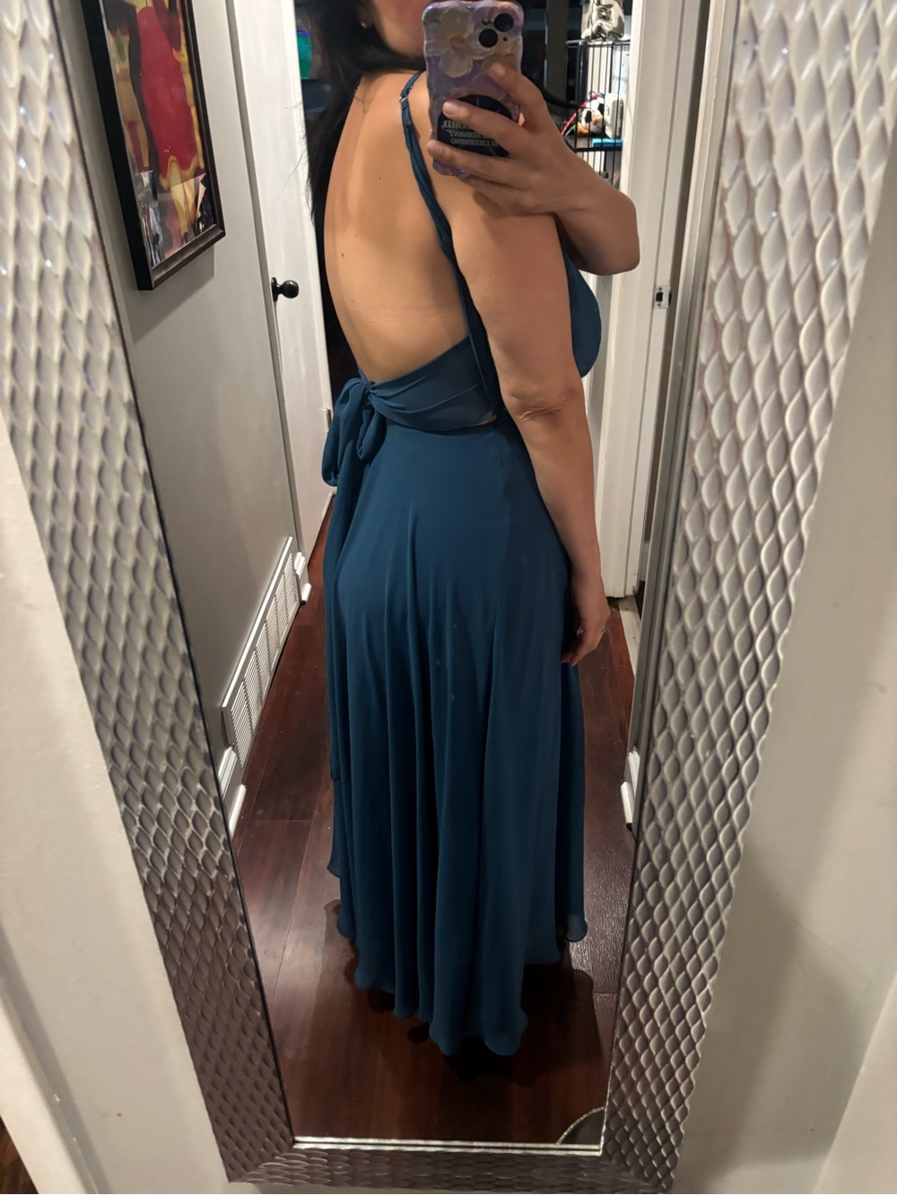 Azazie Teal Blue Backless Maxi Dress with Tie Waist